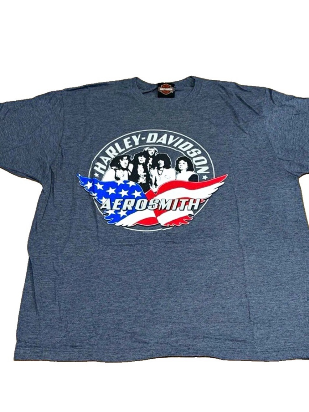 Harley-Davidson Blue Heather Tee with Red, White & Blue Aerosmith Graphic